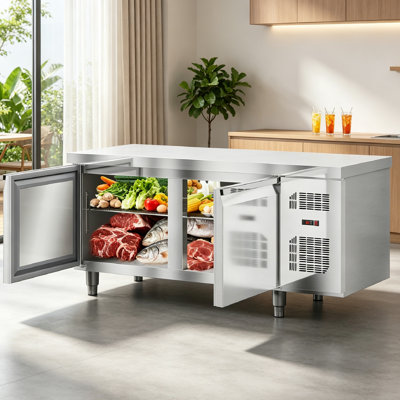Congélateur commercial de 70,8 po avec table de préparation - congélateur commercial sous le comptoir, congélateur de plan de travail en acier inoxydable avec ventilateur de refroidissement, dégivrage automatique et thermostat numérique, station de préparation des aliments.