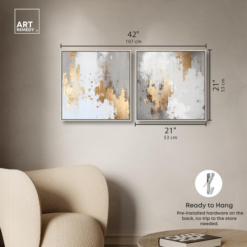 Ensemble de toiles imprimées « Ghostly Glimmer » - Décoration murale noir et or par Art Remedy, cadre noir, 16 x 16