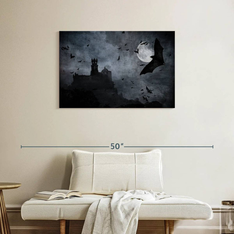 Château entouré de chauves-souris, H 24 po x l 36 po