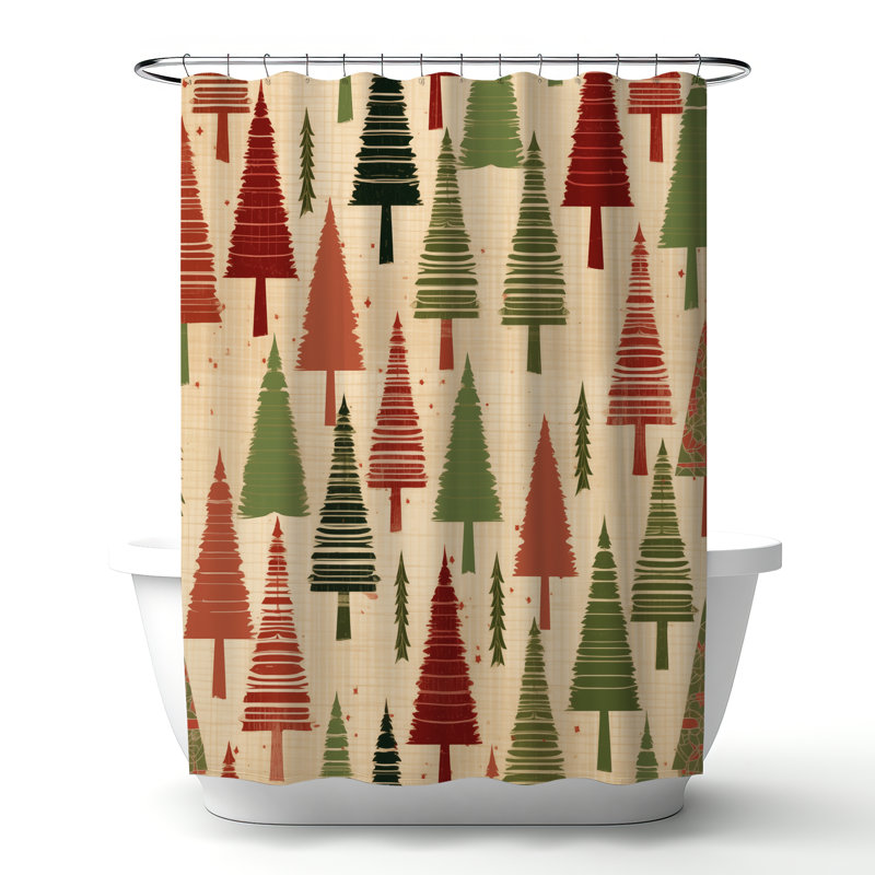 Christmas Tree Pattern Red – Home Decor Gift – Polyester Shower Curtain, Dye Sublimation Print, 71" W × 74" L