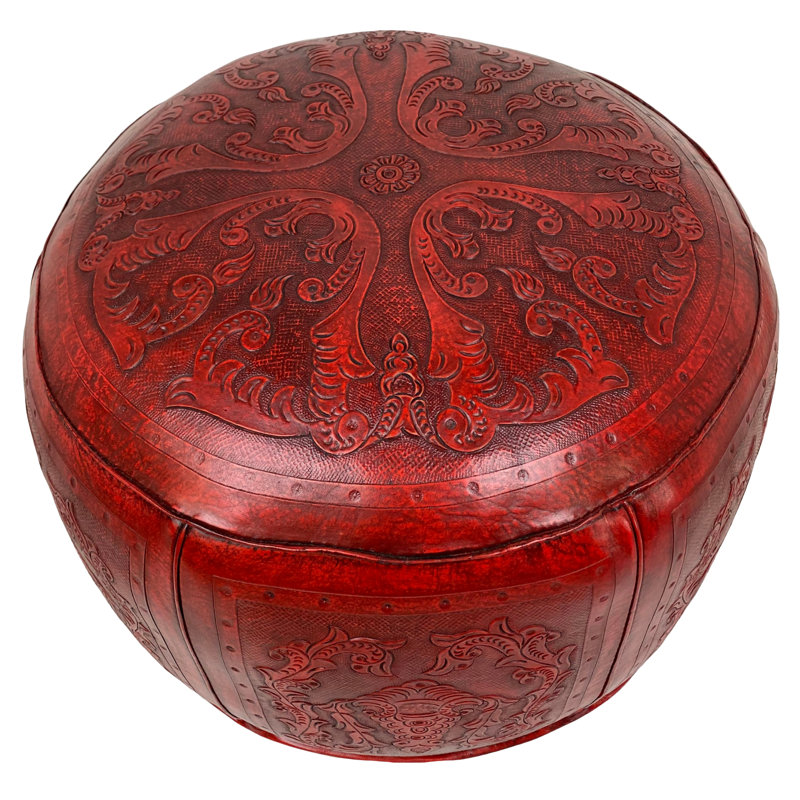 Navarette Leather Pouf, Red Genuine Leather