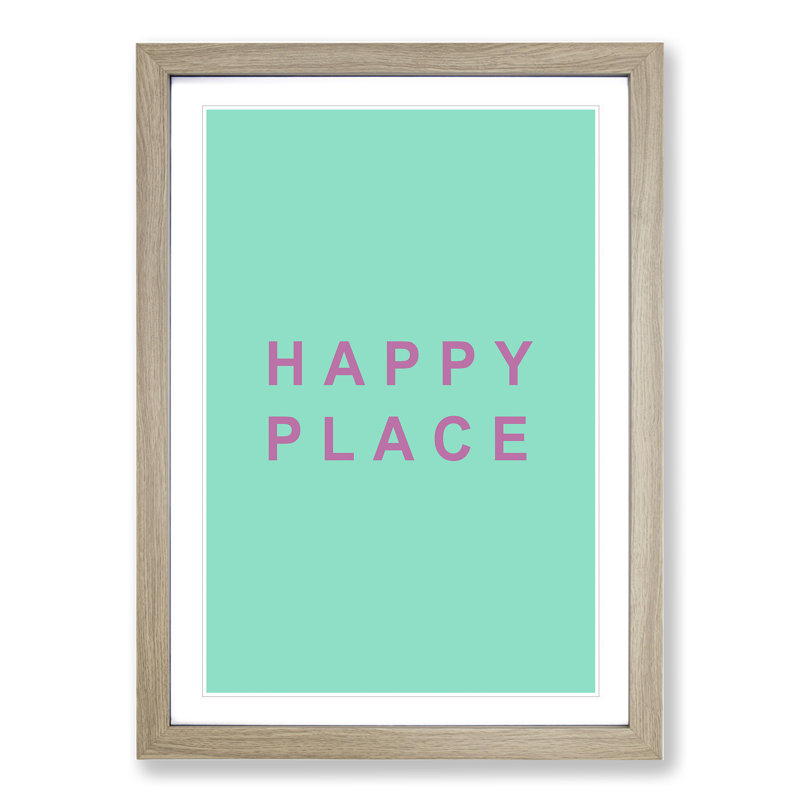 Happy Place Teal - Picture Frame Typography, 65cm H x 48cm W x 2cm D, Oak Framed