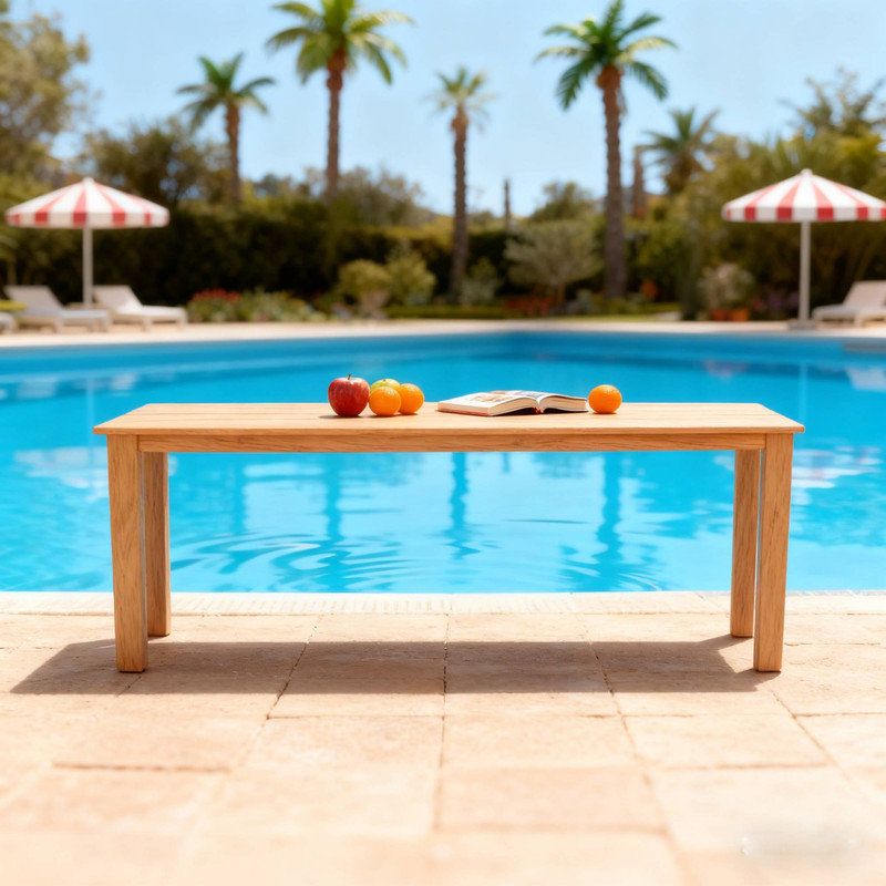 Table de salle à manger rectangulaire pour l'extérieur avec trou pour parasol intégré, matériau en bois de style HISP de couleur chêne naturel, table de patio minimaliste pour la cour et le balcon