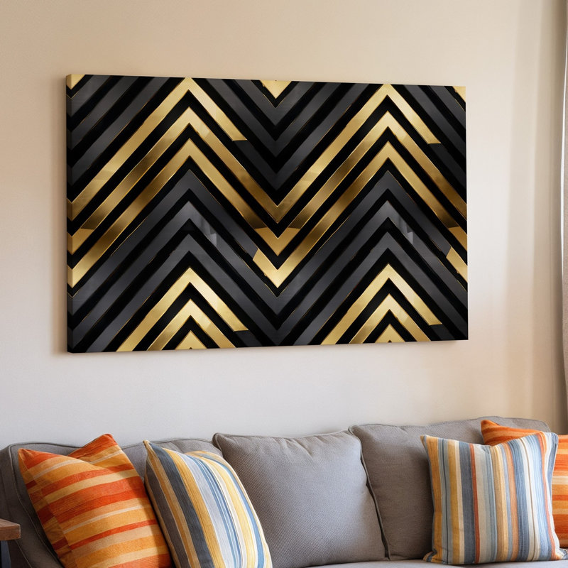 Toile d'un motif géométrique sophistiqué avec des formes de chevrons audacieux dans un art mural frappant noir et doré