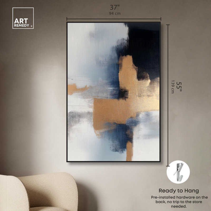«Earl Indigo II», toile côtière abstraite par Art Remedy, H 55 po x l 37 po, Cadre flottant noir