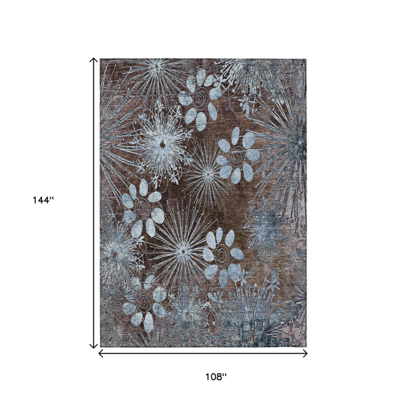 Tapis intérieur/extérieur lavable à motifs floraux brun et bleu ciel, 2,74 m x 3,66 m