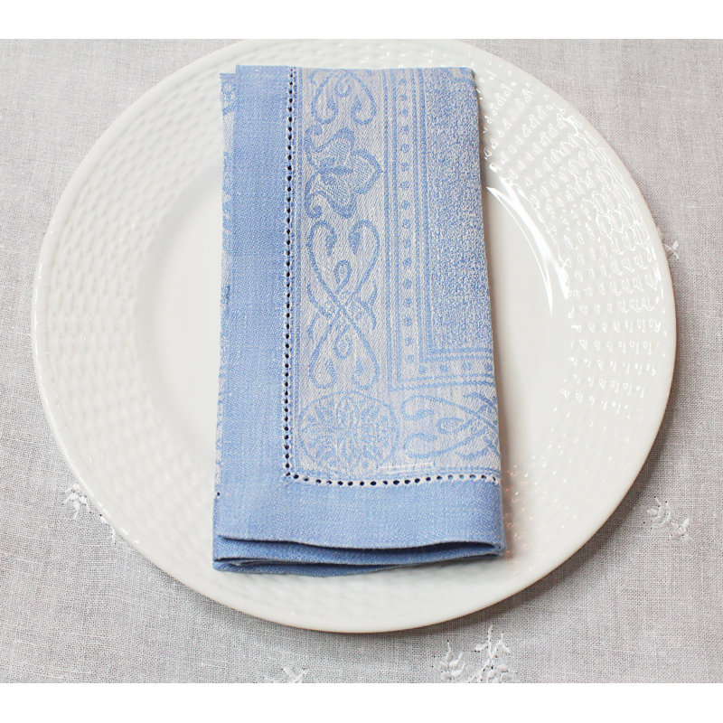 Ensemble 6 serviettes de table en lin, Ivoire et bleu clair