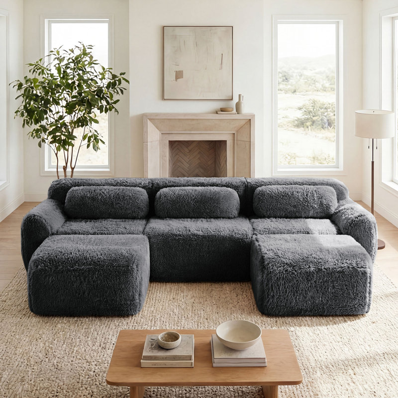 Canapé modulaire à 3 places avec tissu anti-dérapant, 2 repose-pieds mobiles et 3 coussins décoratifs 114,7 po, Gris foncé
