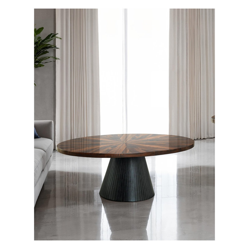 Table basse contemporaine contemporaine avec plateau à motif de parquet et base cylindrique noire, 18" H x 30" W x 50" D