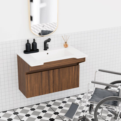 32" Floating Wall-Mounted Single Bathroom Vanity with Integrated Resin Sink, Side Grips and Soft-Close Doors