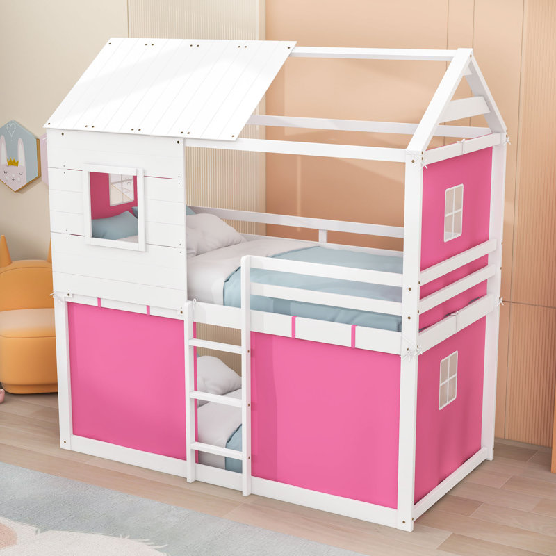 Wooden House Bunk Bed With Roll‑Up Tent, Guardrails And Ladder, Pink White, Twin