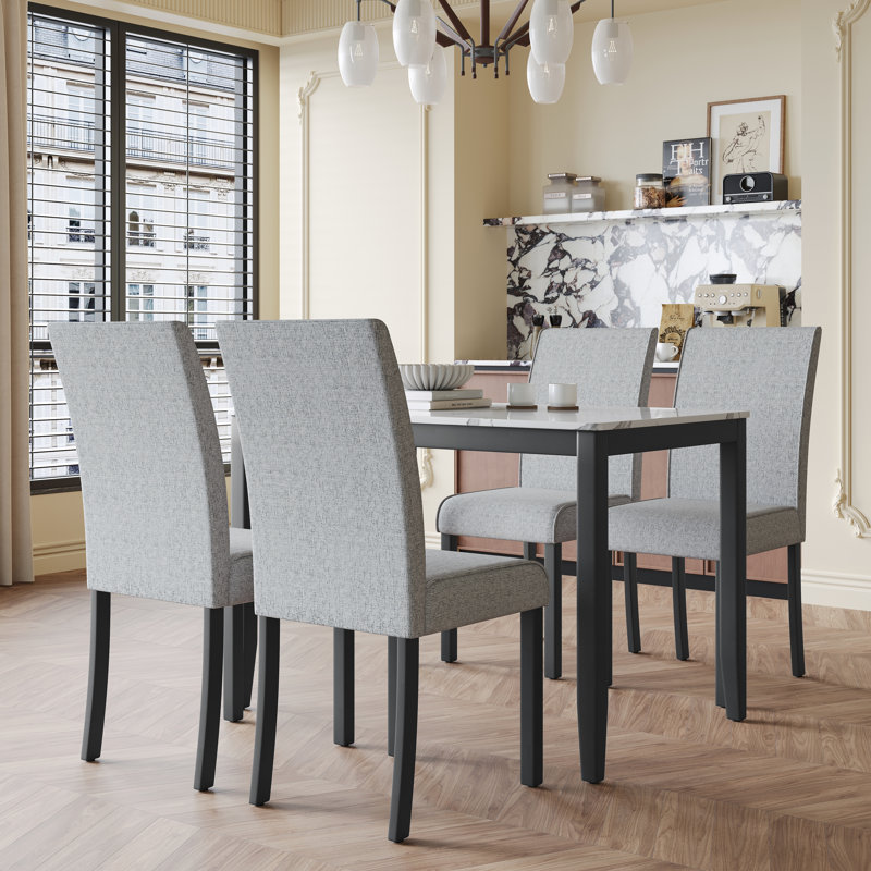 4 - Person Wooden-Frame Upholstered Dining Set with Rectangular Faux-Marble Pattern top table