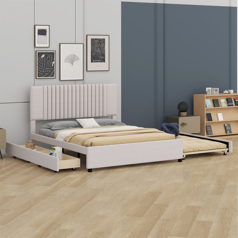 Lit plateforme tapissier avec 2 tiroirs et lit gigogne, tête de lit classique, Double, Gris