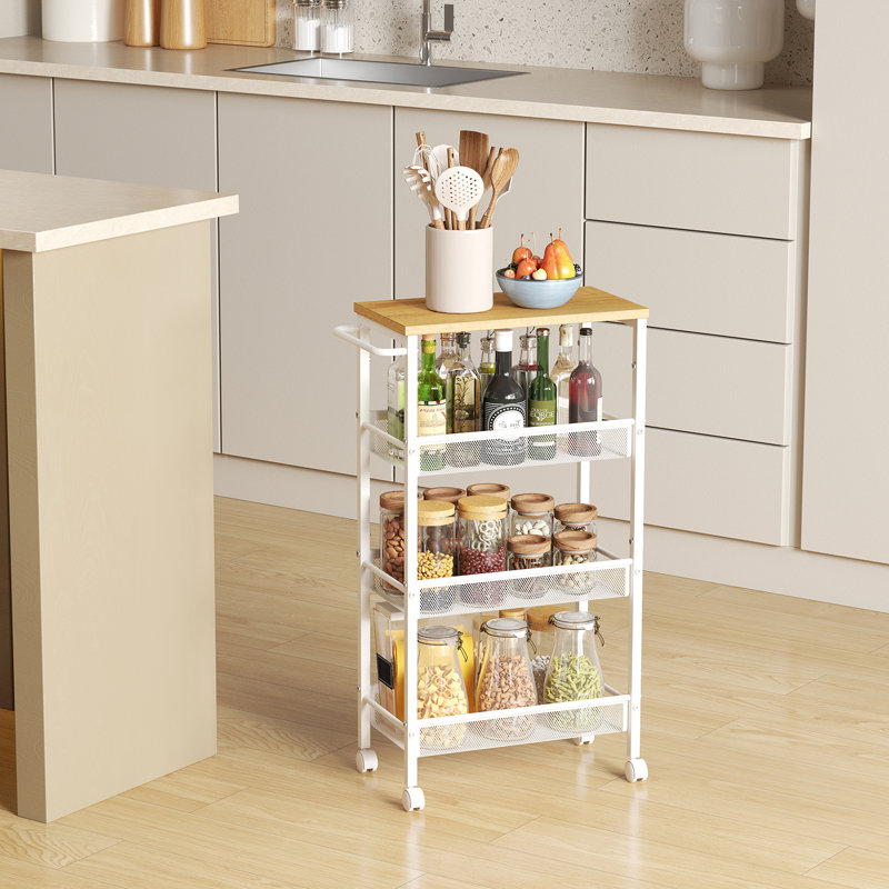 Chariot roulant mince, chariot de rangement à 4 niveaux, chariot étroit avec poignée, profondeur de 8,7 pouces, cadre en métal, pour la cuisine, la salle à manger, le salon, le bureau personnel, chêne beige et blanc ULRC033W09