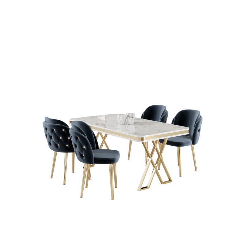 Ensemble de table et chaises de salle à manger moderne 5 pièces, blanc / or / anthracite | Table 100% laquée (51,2 po x 29,1 po x 31,5 po) et 4 chaises (18,1 po x 32,3 po x 17,7 po) | Pieds en métal durables, tissu Babyface moelleux, design élégant et glamour pour les maisons contemporaines