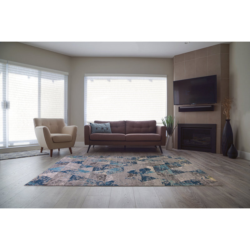 Bleu sarcelle géométrique/tapis décoratif gris Crossett, Rectangle 6 pi 5 po x 9 pi 5 po