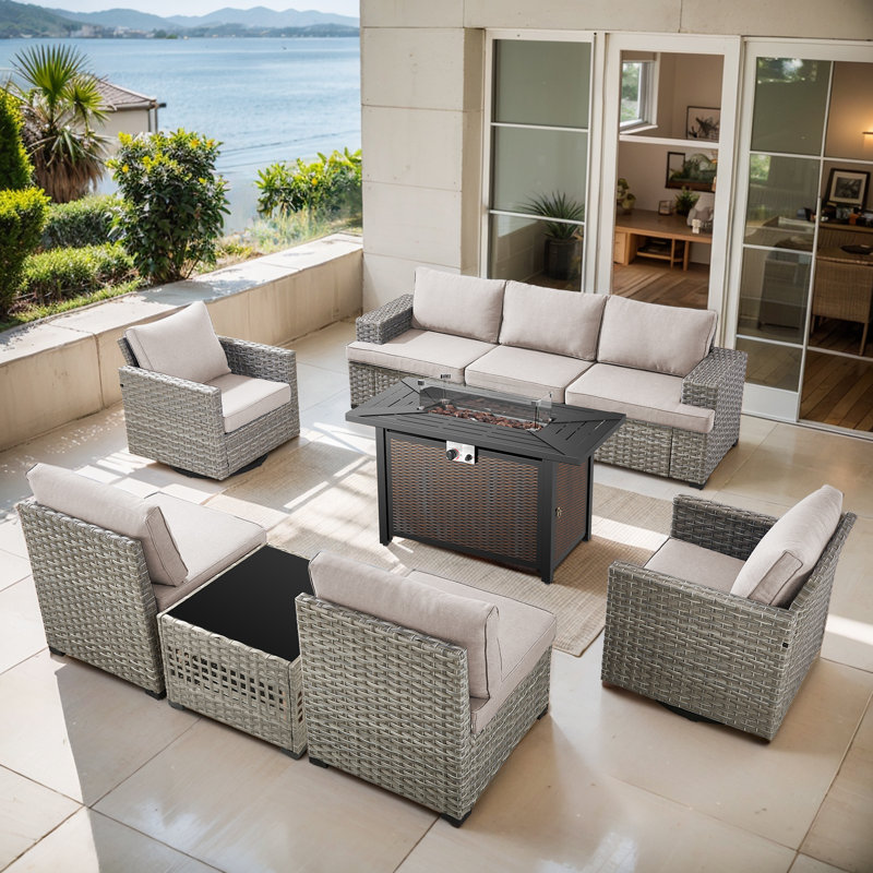 Clute Arnoltice 7 - Person Outdoor Wicker Rattan Patio Sofa Seating Group With Armless Chairs And Fire Pit Table, Beige