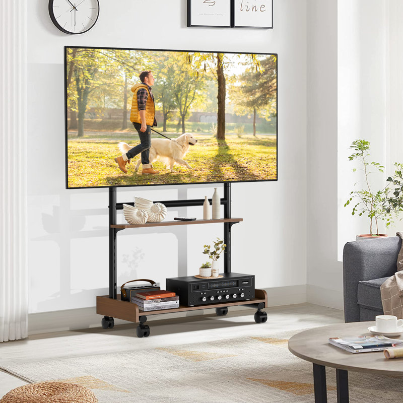Meuble télé universel mobile à hauteur de 86 po avec chariot réglable, brun, Brun