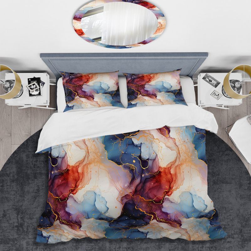 Ensemble de housse de couette en marbre Humayra Red and Blue Celestial Radiance Marble Bliss - microfibre de polyester