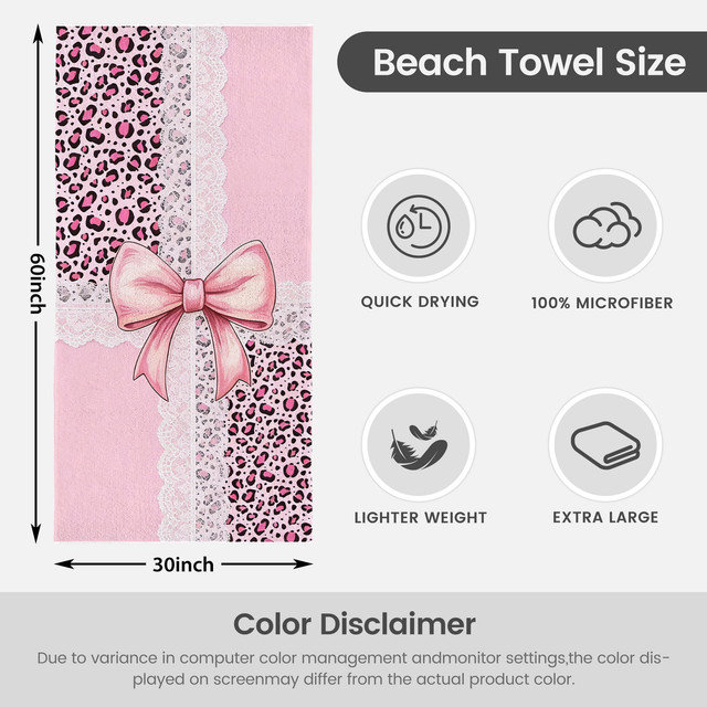  Serviette de plage légère en microfibre, absorbante sans décoloration, 30 po x 60 po, nœud léopard en dentelle
