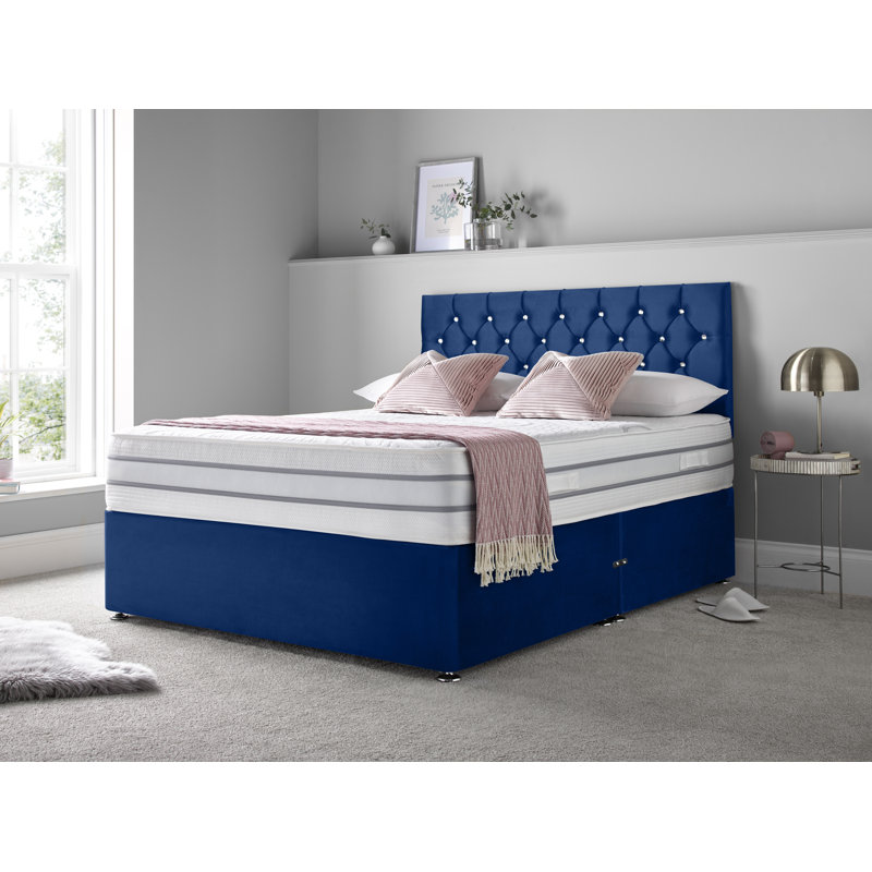 Boltwood Upholstered Divan Bed with Mattress, Double (4'6), Blue, No Drawers