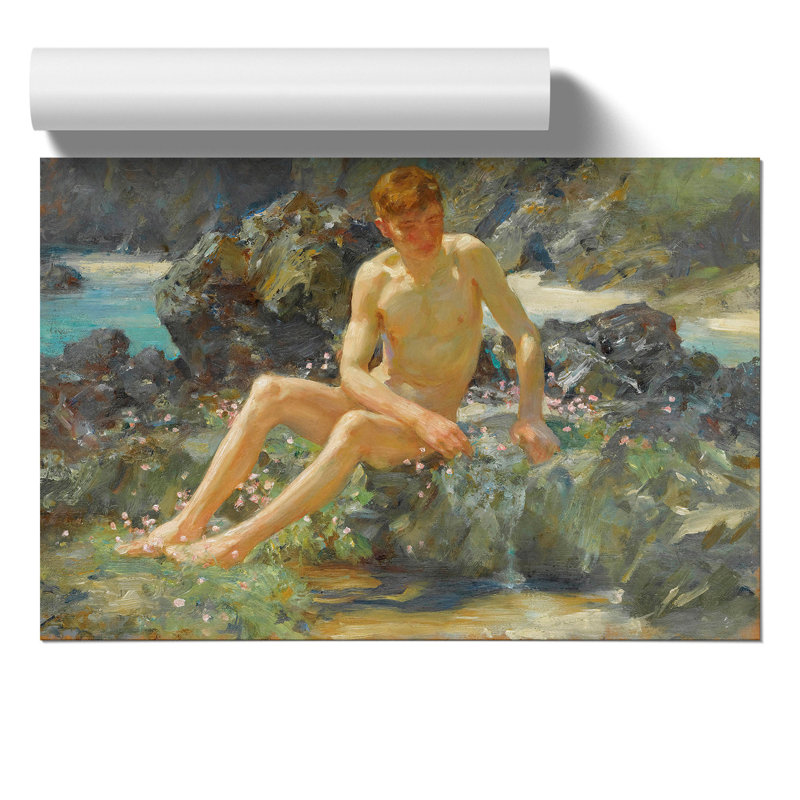 Nude Man On The Rocks by Henry Scott Tuke - No Frame Painting, 42cm H x 59cm W x 0.1cm D