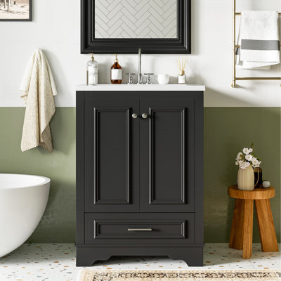 Meuble-lavabo 24 po avec lavabo en céramique, armoire de rangement autoportante moderne avec poignées argentées, portes à fermeture douce
