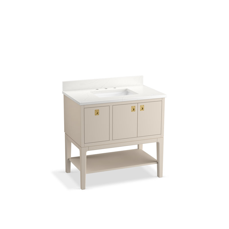 Seagrove By Studio McGee 36 in. Bathroom Vanity Cabinet With Sink And Quartz Top, Light Clay, Brass