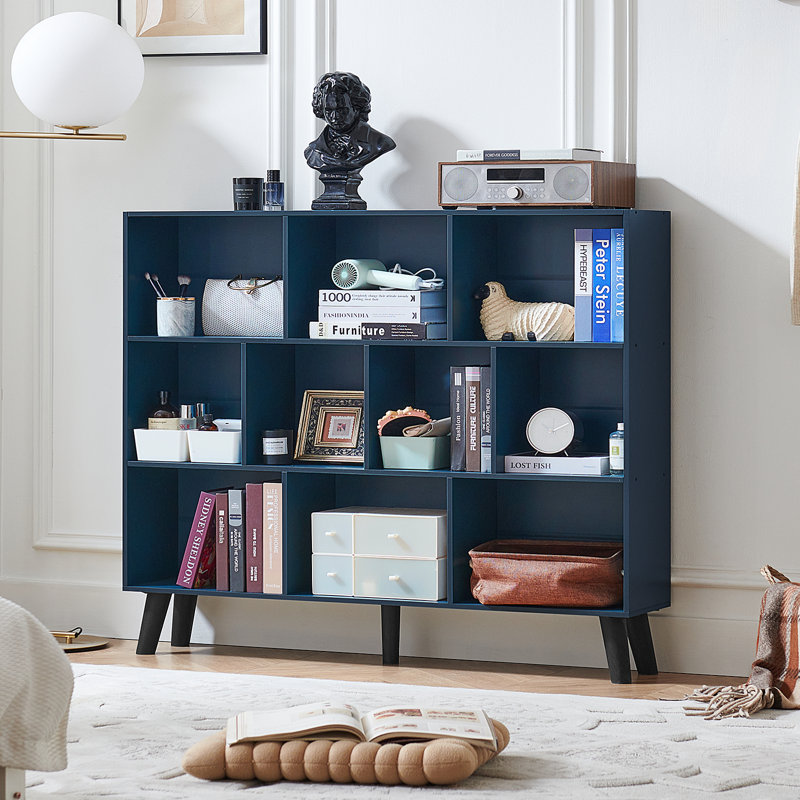 10 Cube Bookshelf,3 Tier Modern Wide Bookcase With Legs,Mid-Century Wood Bookshelves Storage，Retro Large Book Case,Freestanding Organizer Display Shelf For Bedroom,Living Room,Office