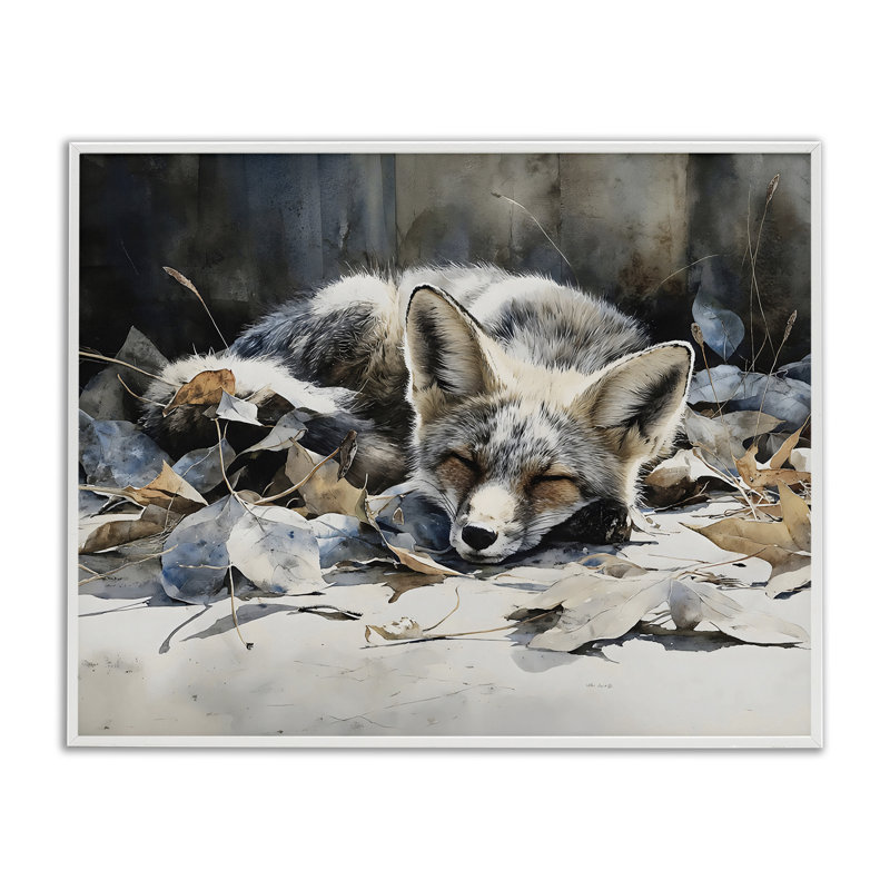 Renard bleu reposant parmi des feuilles, estampe numérique, design par Franklyn Gregory, 11 x 14, Coastal White Giclee Framed