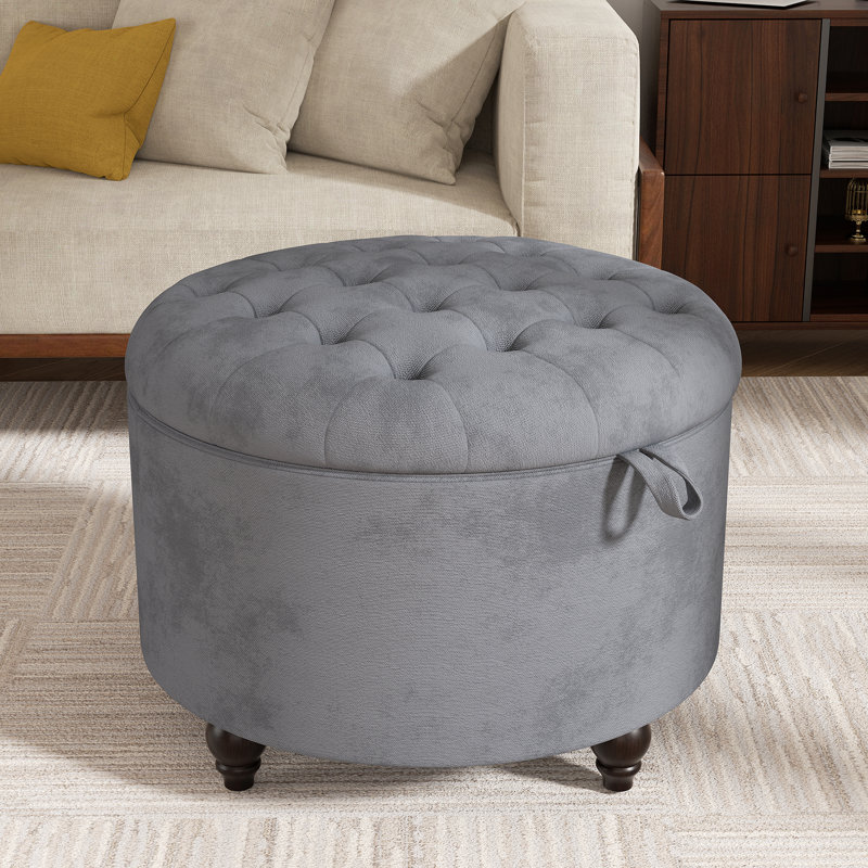 Button-Designed Upholstered Ottoman With Storage, Light Gray