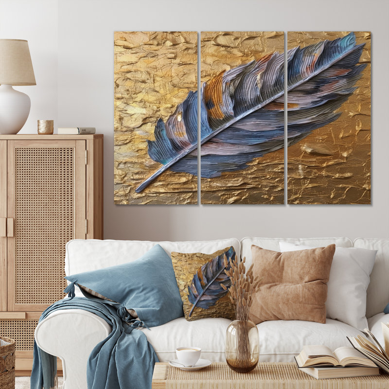 Boho Glam exquis plume bleue sur or - ensemble de décorations murales plumes, H 28 po x l 36 po x P 1 po