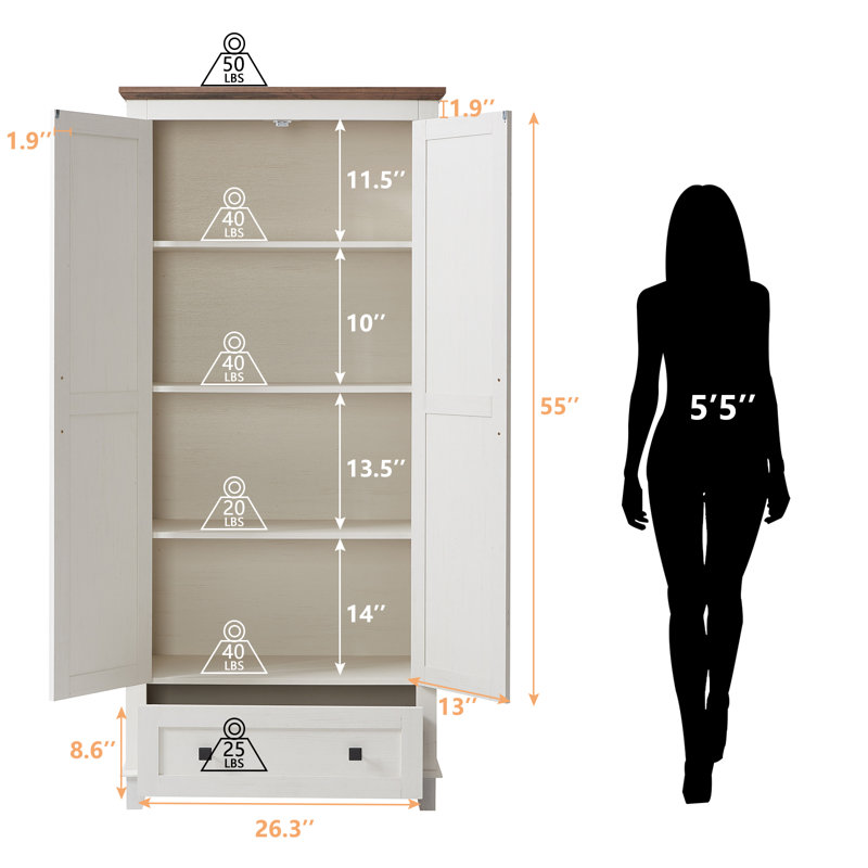 White Farmhouse 72'' Tall Kitchen Pantry Cabinet with Adjustable Shelves