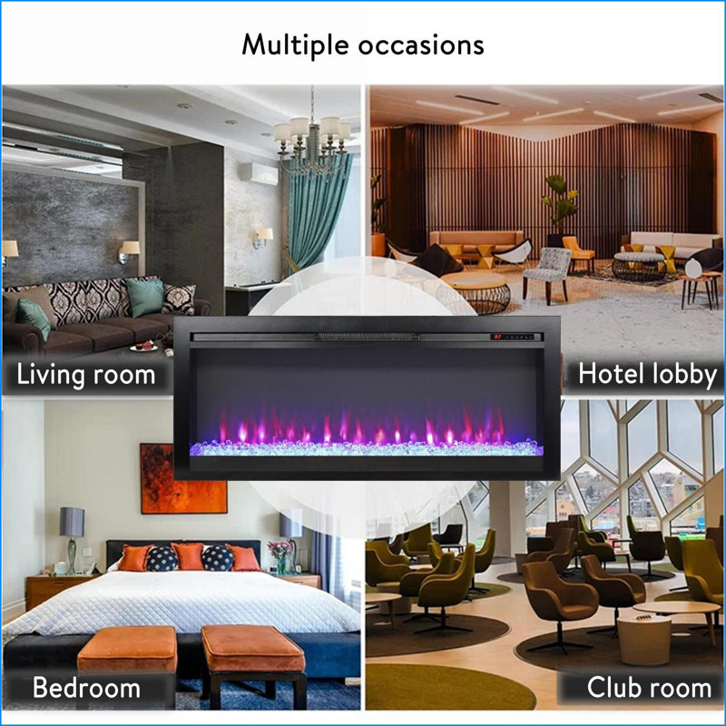 Foyers électriques encastrés encastrés dans le mur de 44 pouces avec télécommande, flamme multicolore et chauffage à DEL | Sans évent