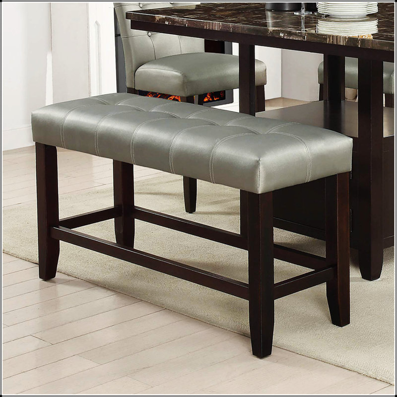 Counter Height 1pc Bench Dining Room Silver Faux Leather Cushion Tufted Seat Wooden Base Comfort Seat Kitchen Dining, Silver