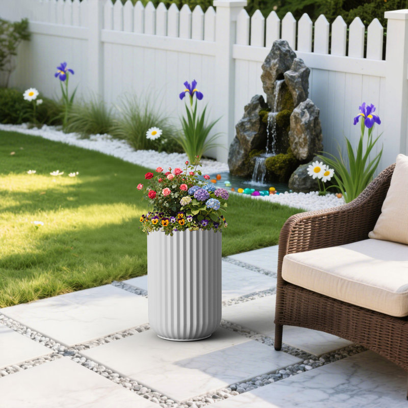 11 in. Small Pearl White(Upgraded Interior) Concrete Tall Round Planter / Pot Ribbed Design Plant Pot with Drainage Hole