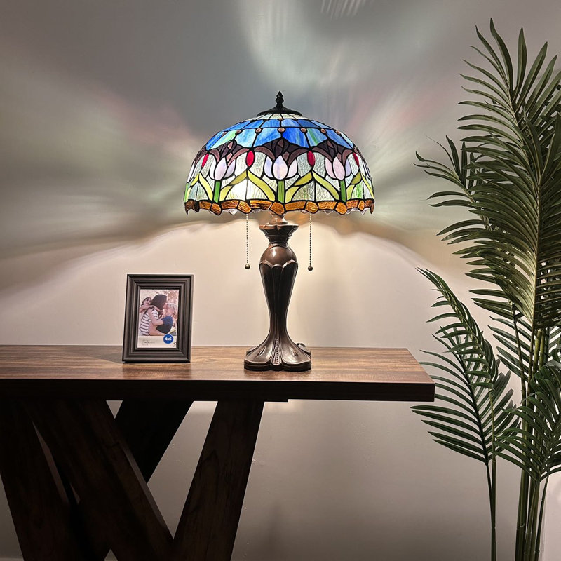 Halona Tiffany Table Lamp Stained Glass Tulips LED Bulbs Included Pull Chain Switches 16"W*16"D*24"H, Blue