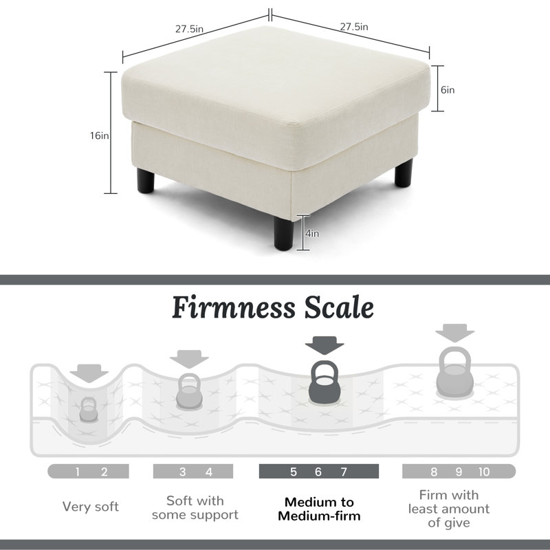 Della 27.5" Wide Upholstered Square Ottoman, Beige