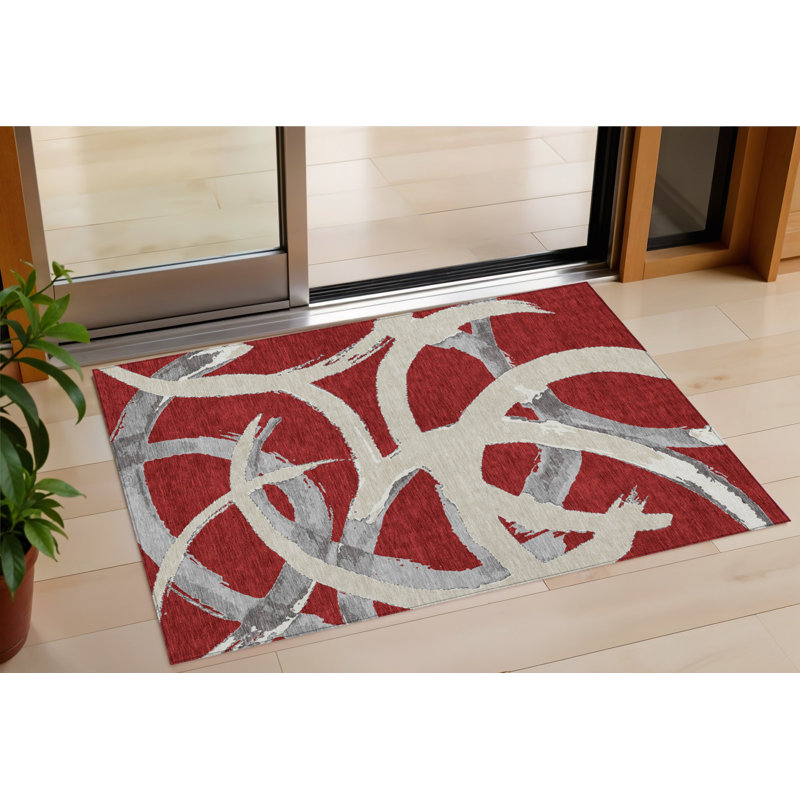 Tapis intérieur lavable abstrait 3 pi x 5 pi rouge