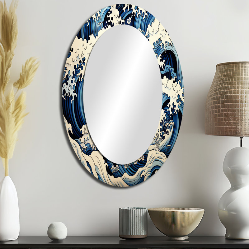 Japanese Waves In A Storm I - Large Oval Wall Mirror On Metal, 36" H x 24" W