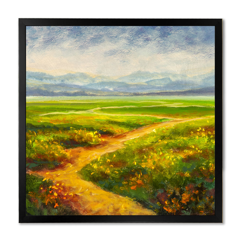 Chemin vers un champ floral coloré II - Peinture, Cadre photo noir, H 16 po x l 16 po x P 1 po