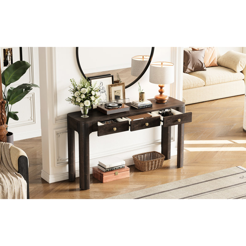 Console rustique, coins arrondis pour une utilisation sécuritaire, solutions de rangement à 3 tiroirs, durabilité des pieds épais, entrée de style rétro, couloir et salon, plateau de table de 150 lb, 25 grands tiroirs, 20 petits