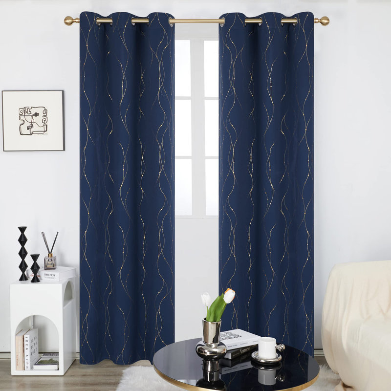 Gold Wave Line and Dots Printed Blackout Grommet Curtains (Set of 2), 42" W x 63" L, Navy Blue