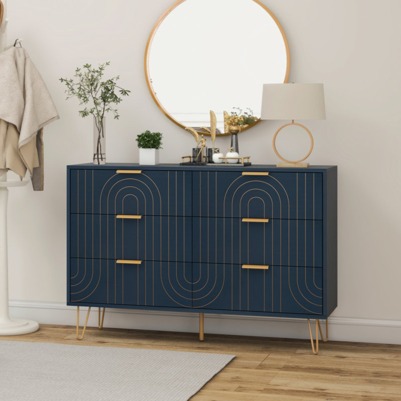 Philisma  Wood Storage Dresser with 6 Drawers and Metal Handles, Dark Blue