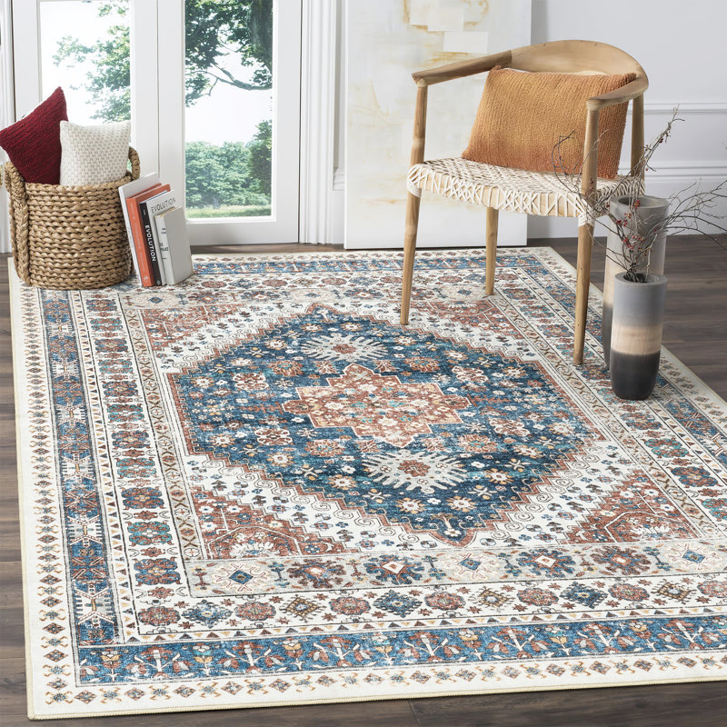 Malaika Machine-Washable Non-Slip Medallion Area Rug, Rectangle 6' x 9', Red/Blue