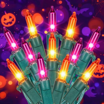 Purple and Orange Halloween Lights, 2 Pack 50 Count Incandescent Mini String Light Plug in, 13 FT Green Wire Christmas Lights for Indoor Outdoor Halloween Thanksgiving Decor, Purple Orange