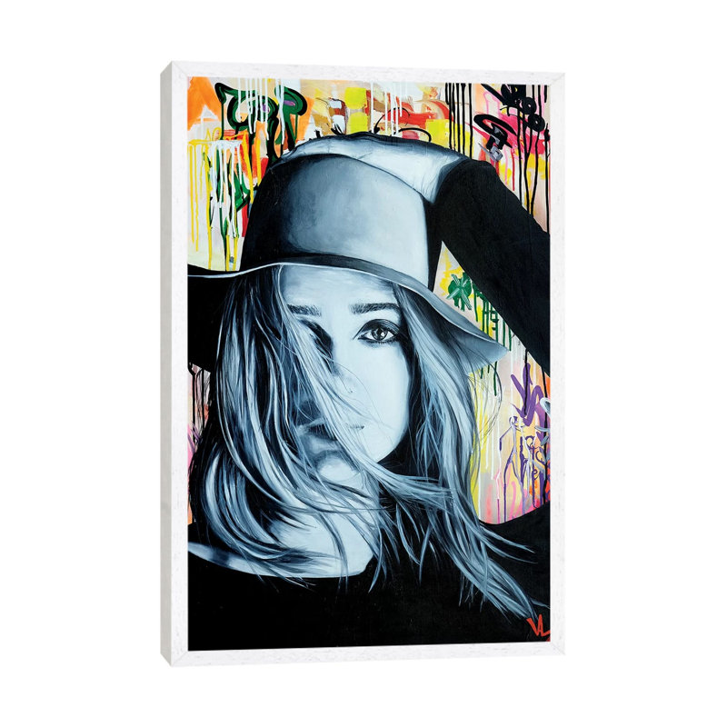 Hat Face by Val Escoubet - Painting on Canvas, 66.04cm H x 45.72cm W x 3.81cm D, White Framed