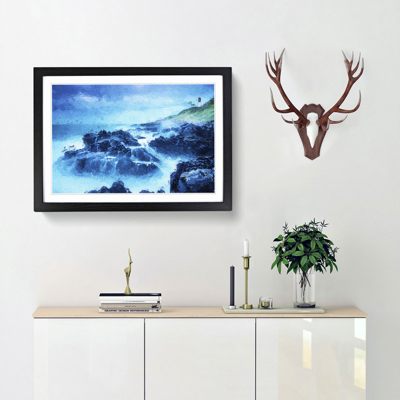 Lighthouse on a Hill with Seascape - Picture Frame Painting Print, 36cm H x 48cm W x 2cm D, Black Framed