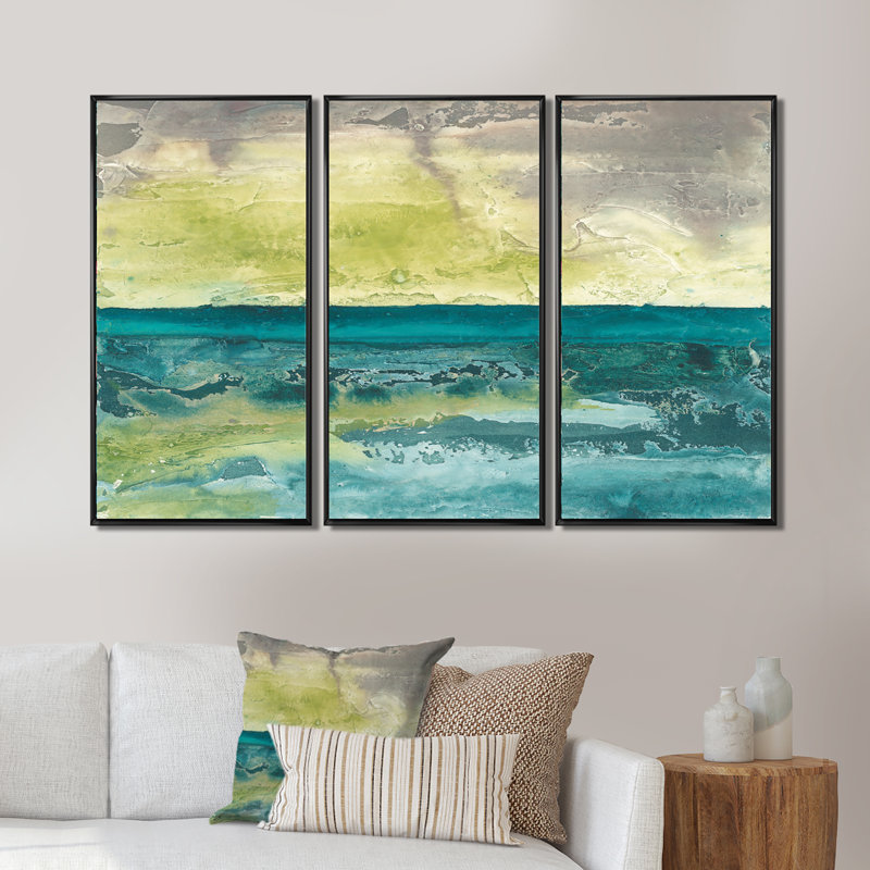 Au-delà de l'horizon I - ensemble d'art mural sur toile traditionnel encadré de 3, Noir, H 28 po x l 36 po x P 1 po