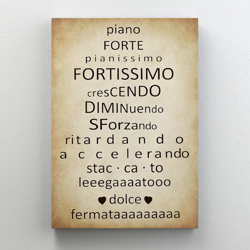 Piano, mots de passe - art textuel sur toile tendue, H 20 po x l 16 po x P 2 po